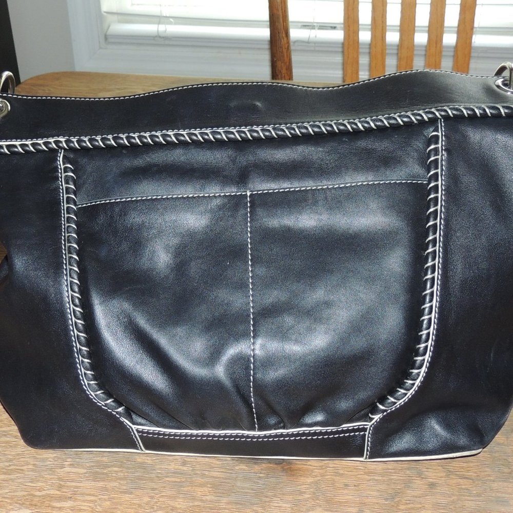 Maxx New York Black Leather Bag with Cream Stitching